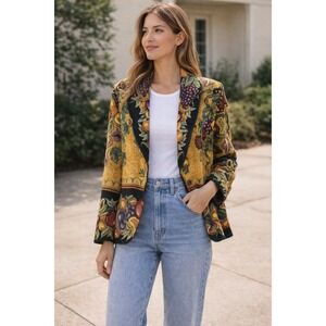Sugar Street Weavers Vintage Tapestry Jacket Fruit Print Gold XL Cottagecore
